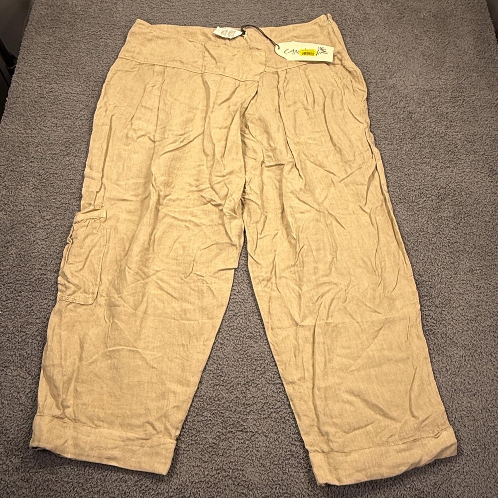 Cannisse Burlap Pants Women 16 Beige Linen Lagenlook Cropped Capri Cargo Baggy
